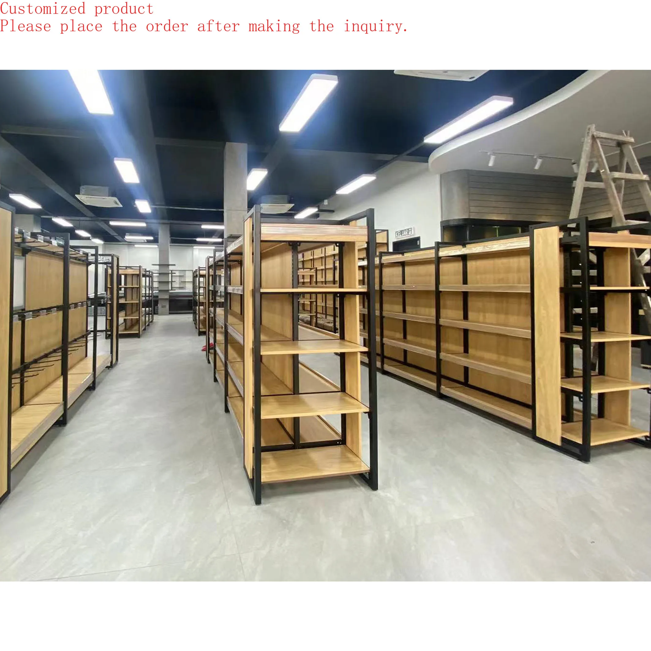 

Custom.Customized Adjustable Metal Gondola Supermarket Shelving Stationery Display Rack Wood Grain Shelf for Sale