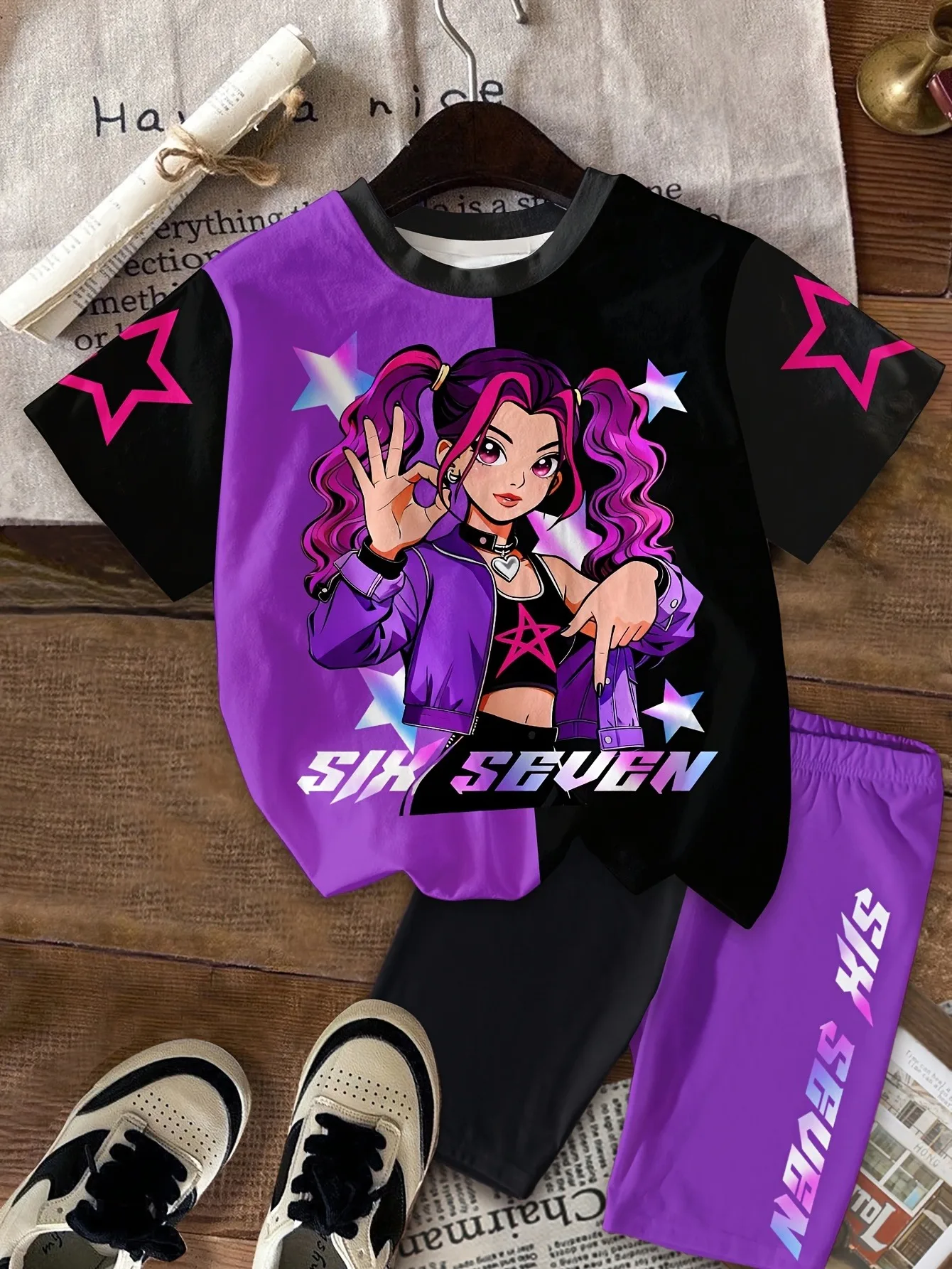 Trendy Girls 2Pcs Co-Ord, Purple Black Split Anime Character Graphic Tee & Side Letter Print Elastic Waist Patchwork Trousers Fo