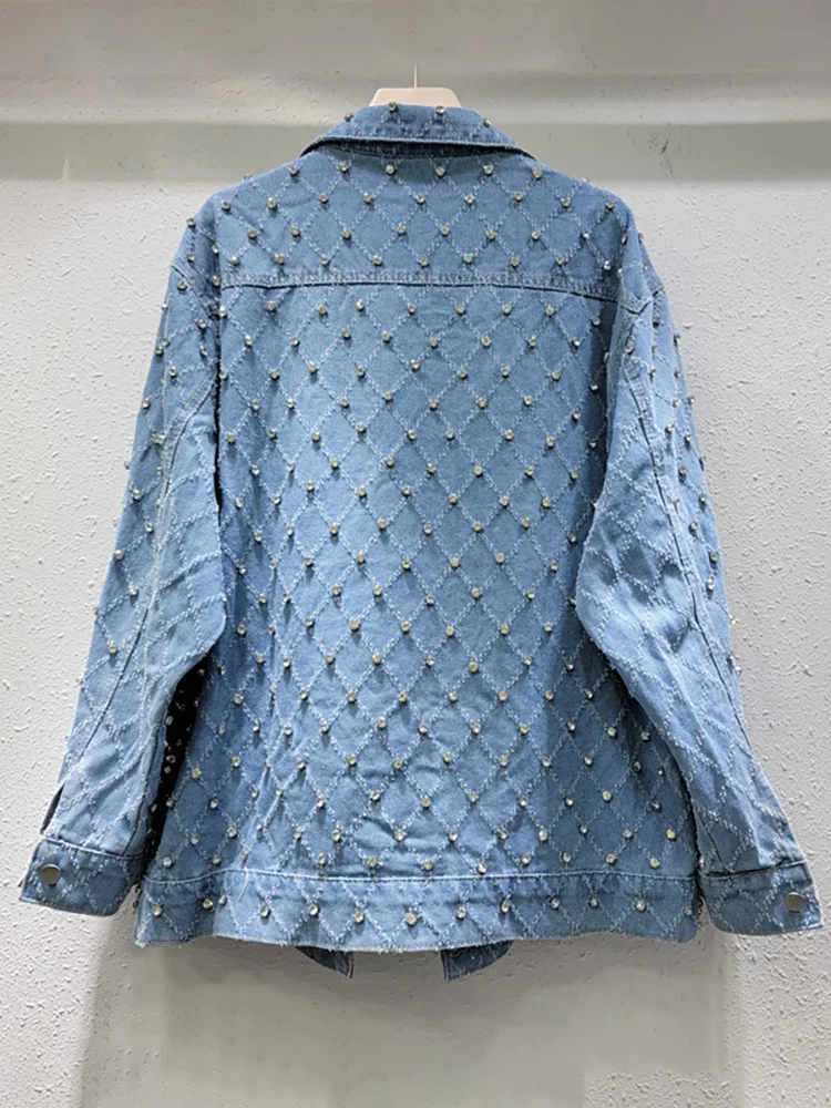 DEAT Women's Denim Coat Blue Long Sleeve Full Diamonds Distressed Jacquard Plaid Jackets 2024 Autumn Autumn New Fashion 29L7709