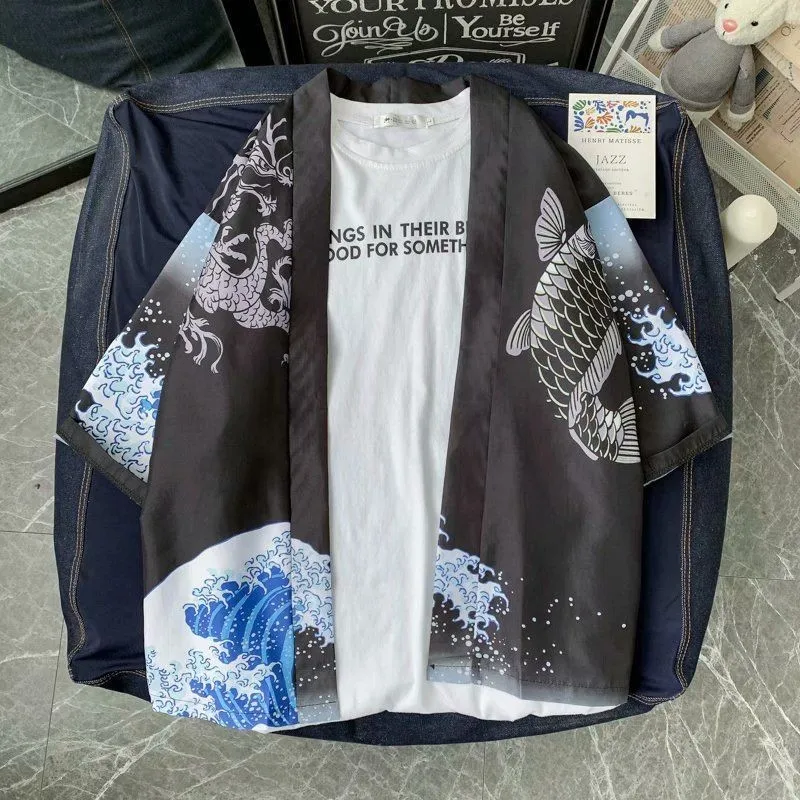 كيمونو صيفي قصير الأكمام للرجال والنساء ملابس الشارع اليابانية زي الساموراي معطف هانفو تانغ سترة علوية للرجال #6