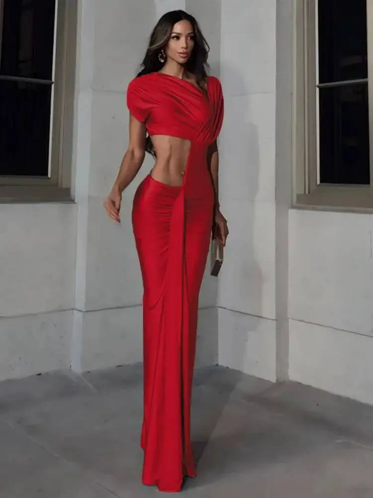 Sukienka z nieregularnymi wycięciami, marszczona, z asymetrycznym dekoltem, krótkie rękawy, bez talii, rozcięcia, styl uliczny, elegancka, długa, obcisła 0V01