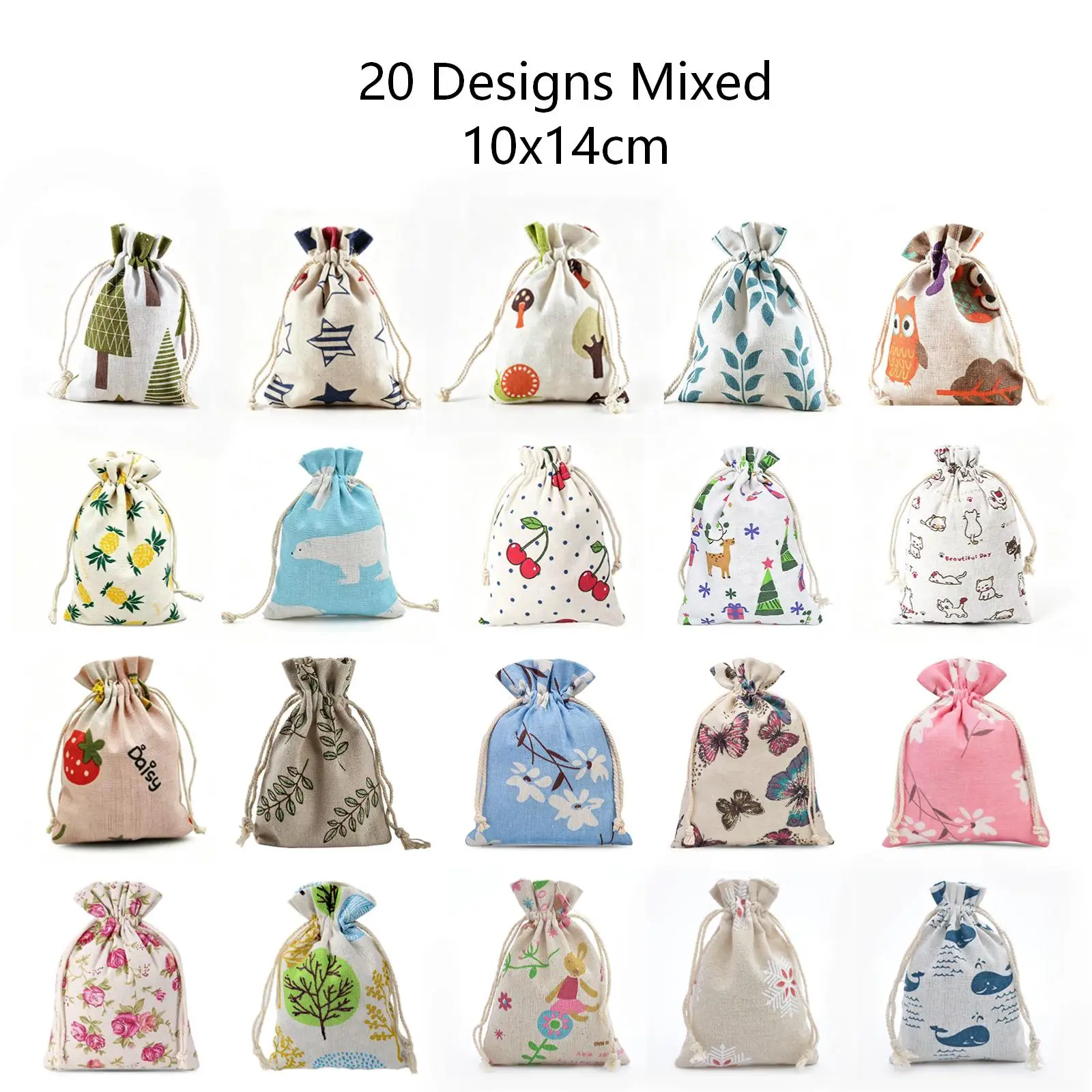 20 Desings Mixed, Linen Canvas Cloth Drawstring Bags,  Cotton Fabric Pouch, Can Be Used For Jewelry and Gifts Packaging