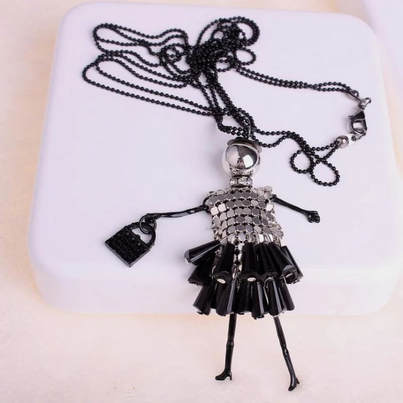 Korean Fashion Women\'s Sweater Chain Necklace Black Red Cartoon Doll Pendant Beads Link Necklaces For Women Christmas Gift