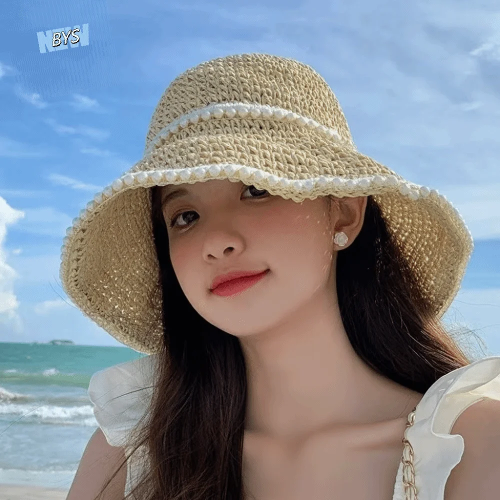 

Unique Pearl Women Sun Hat Woven Korean Style Straw Fisherman Hat Breathable Foldable Bucket Hat Girl