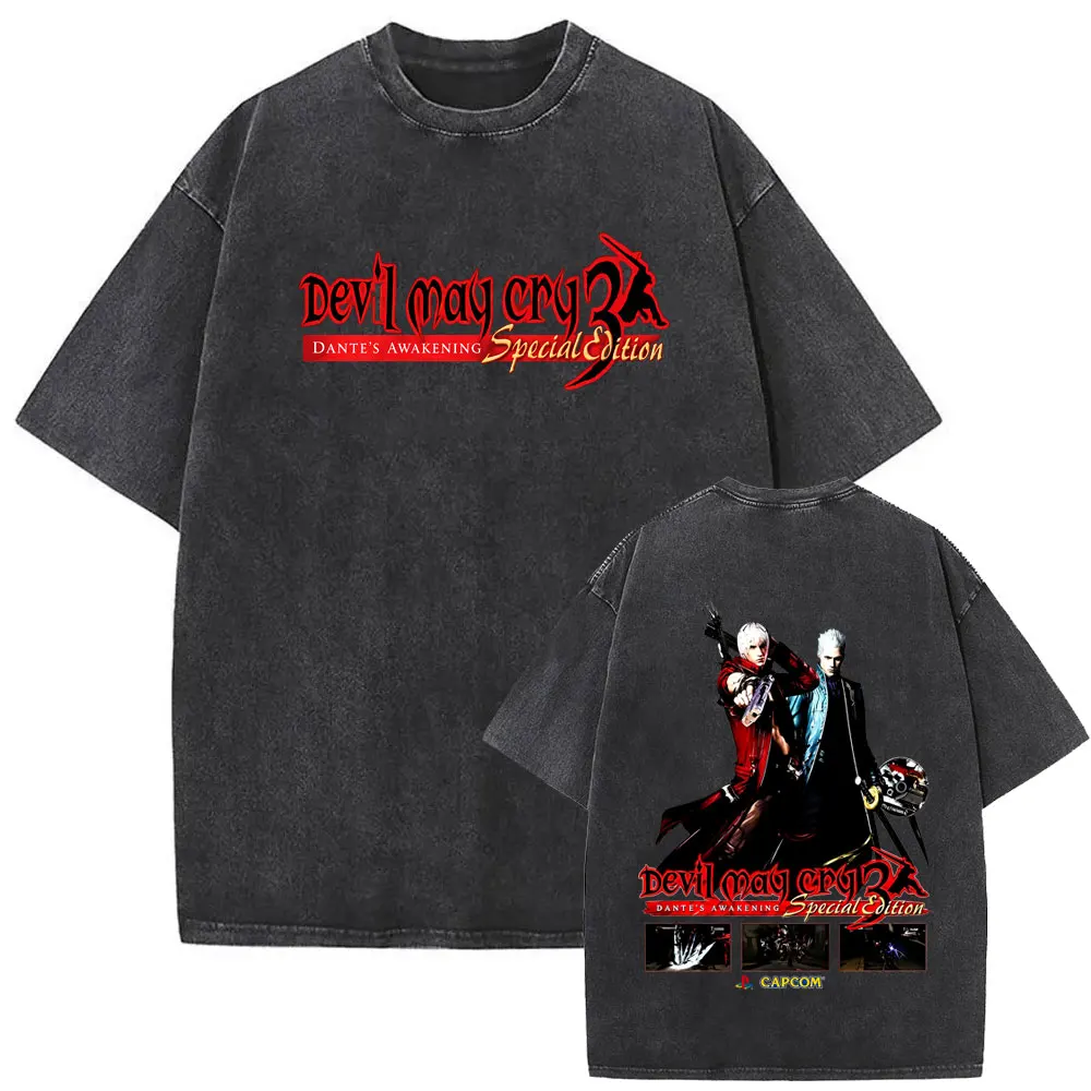 Game Devil May Cry Dante Vergil Vintage Washed T Shirt Men Women Fashion Retro Oversized T-shirt Men's Casual Cotton T-shirts