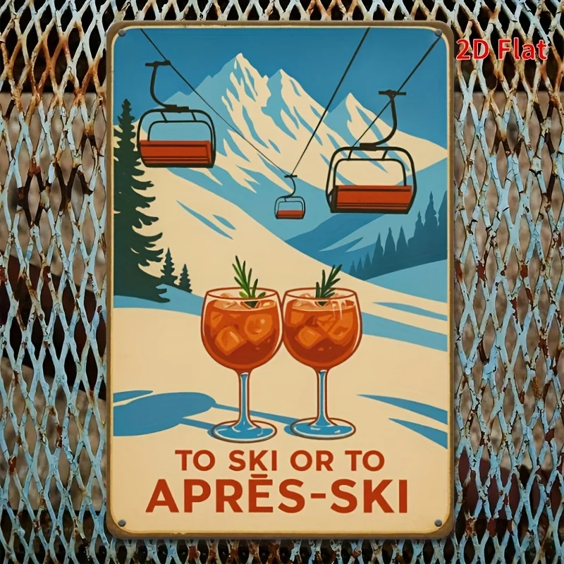 Vintage Ski Or Apres-Ski Cocktail Art Print Metal Poster- Retro Skiing Scene Featuring Gondolas And Martini Glasses, Wall Art