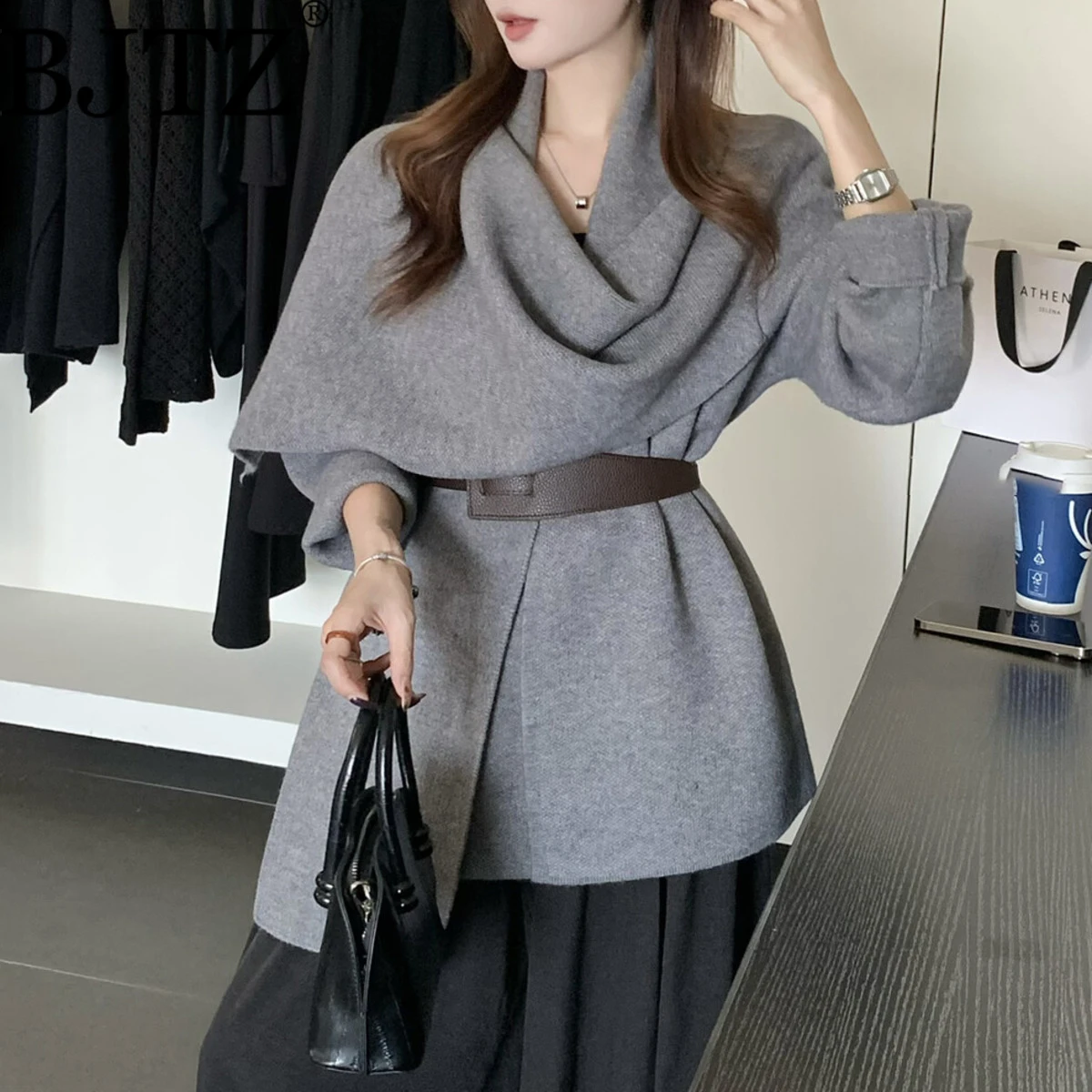 

BJTZ 2025 New Women’s Wool Coat Scarf Collar Asymmetric Lapel Belted Loose Fit Vintage Elegant Luxury Spring Autumn Chic