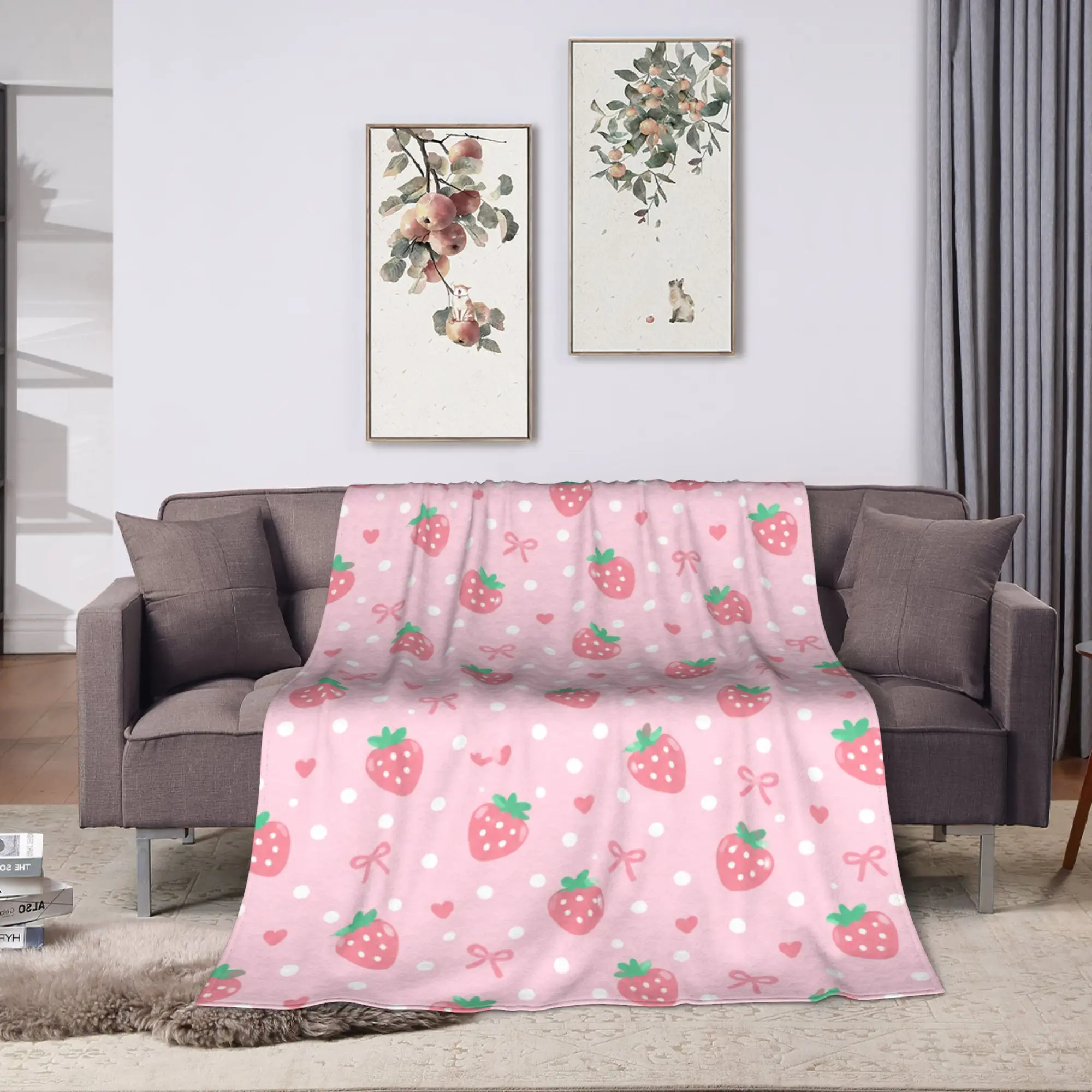 Pink Strawberry Polka Flannel Blanket Autumn  Super Warm Throw Blanket for Girls Boys Couch Bed Bedspread Sofa Bed Cover