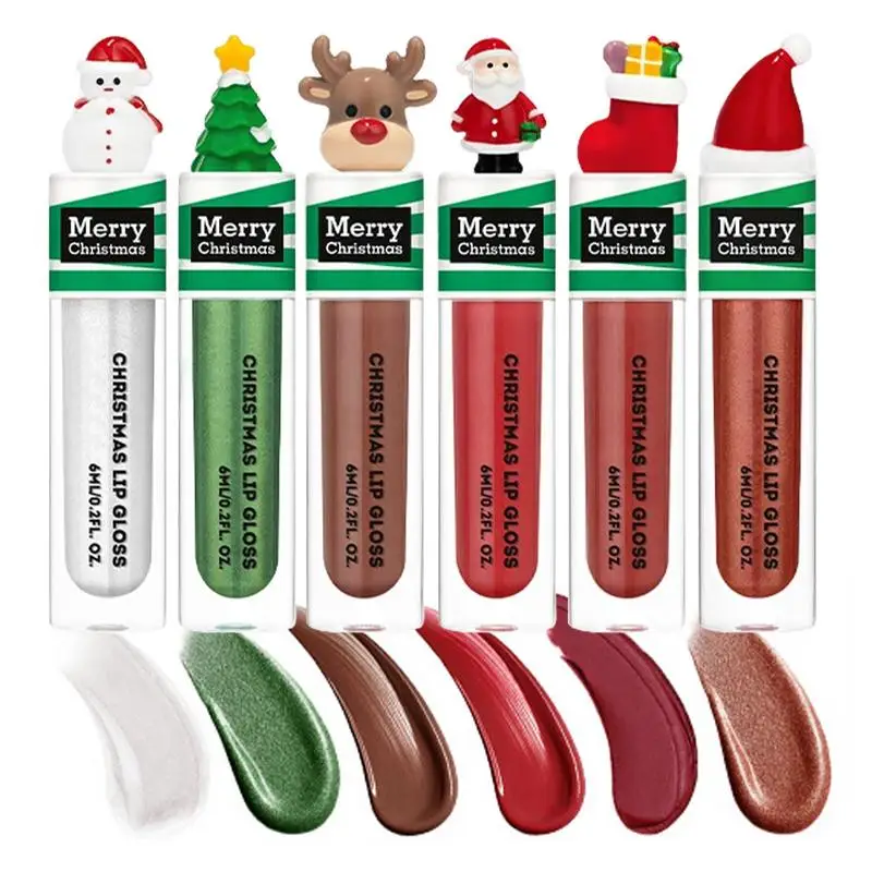 Christmas Lip Gloss Set Moisturizing 6-Piece Lip Balm Christmas Theme Lip Enhancer Holiday Non-stick Long Lasting Girls Lip