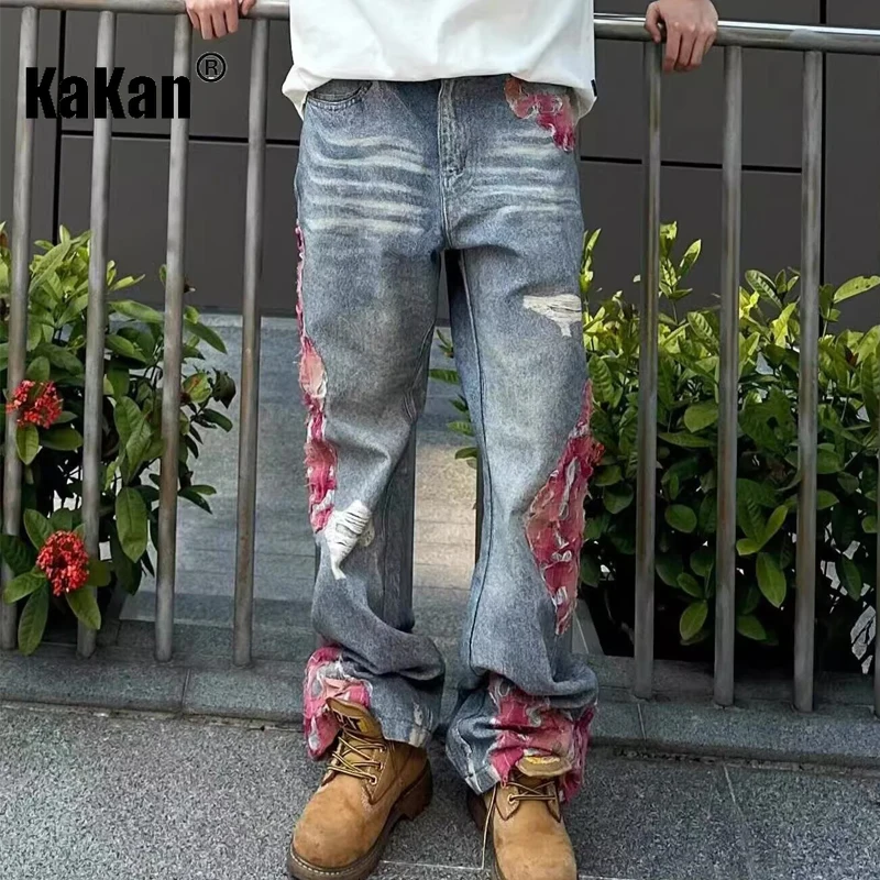 Kakan - New Men's Patchwork Jeans, Y2k Men's Pants High Street Micro Flared Pants Long Jeans Man Brand