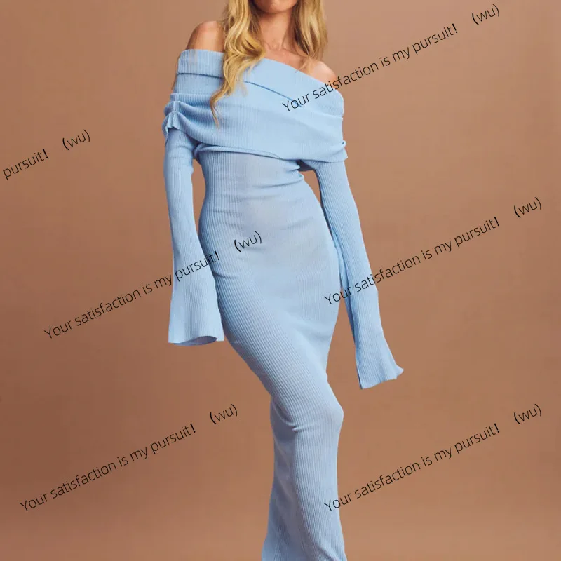 

New long dress women's sexy solid color long sleeve one-word shoulder pleated knitted dress women