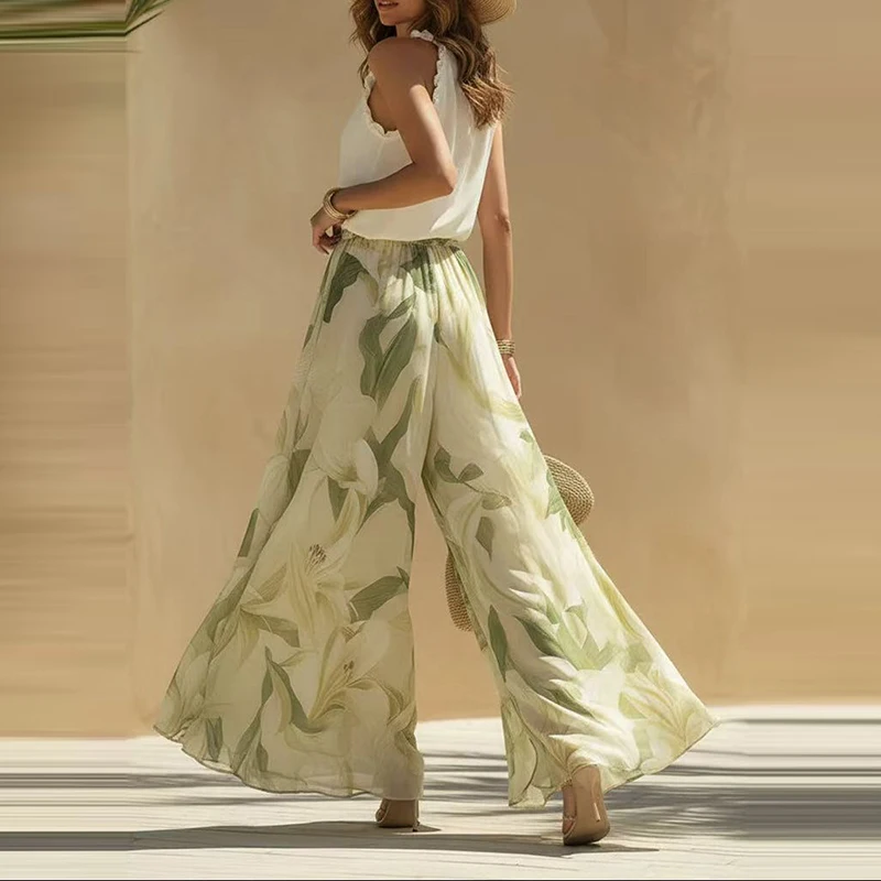 

Новый летний комплект в богемном стиле 2026: Весенний новый комплект из однотонного жилета с V-образным вырезом и брюк с принтом, повседневный женский комплект без рукавов для отпуска, свободный крой