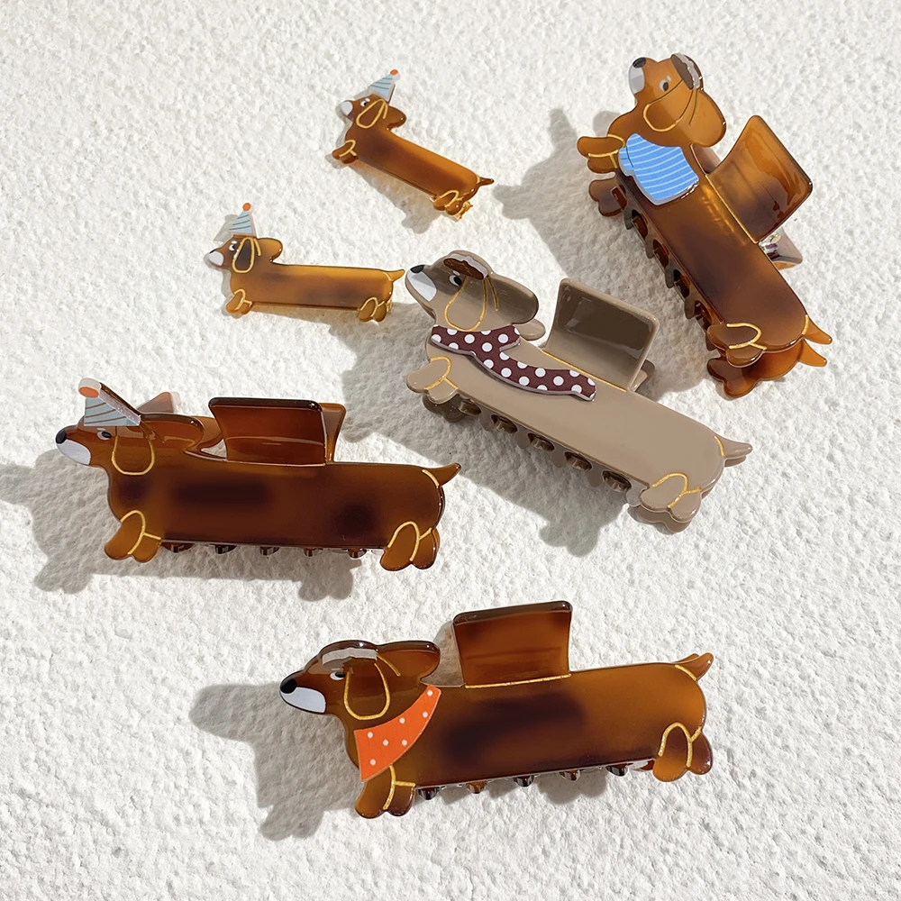 AENSOA Scarf Birthday Hat Decoration Cartoon Dachshund Claw Clip For Women Brown Color Series Acrylic Original Design Hairpin