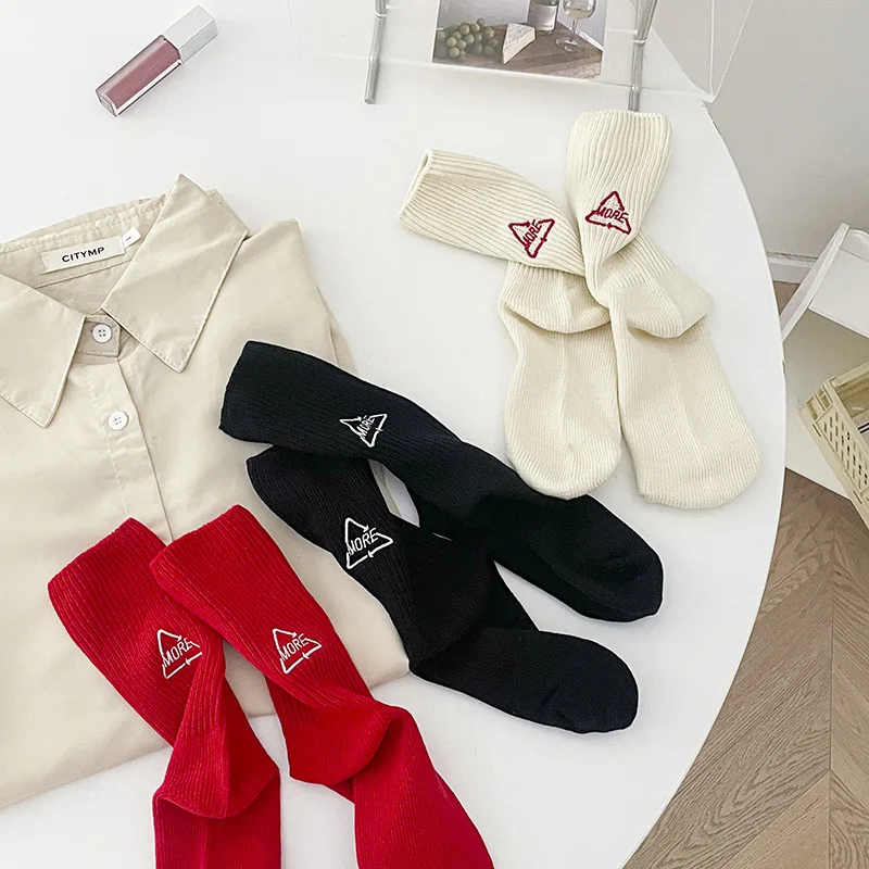 1 Pair Trendy Cotton Mid Tube Socks Women Solid Autumn Winter Socks With Embroidered Letter Thick Thread Mid Tube Socks