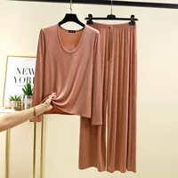 M to 6XL Modal Long sleeve U-Neck Tshirt and Wide leg pants Plus size Women Loose Pajamas set solid color Thin Homewear clothing - Image 5