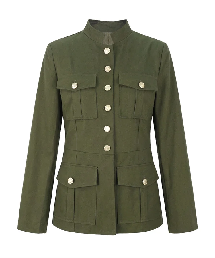 UOOZEE Women’s Military Style Jackets Army Green Stand Collar Gold Button Slim Fit Multi-Pocket Casual Office Blazer Outerwears 4 UOOZEE Women's Military Style Jackets Army Green Stand Collar Gold Button Slim Fit Multi-Pocket Casual Office Blazer Outerwears 4