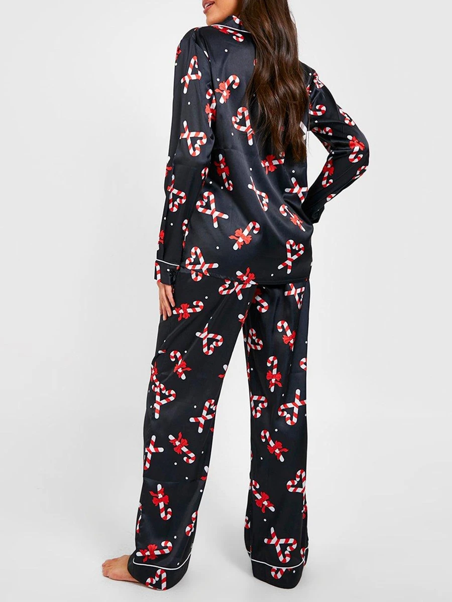 Women Christmas Pajamas Lounge Set Candy Cane Print Long Sleeve Shirts Tops and Pants 2 Piece Loungewear Outfits