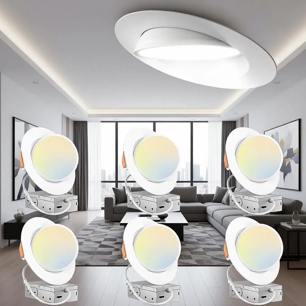Pacote com 6 Luminárias LED Embutidas de 6 Polegadas 5CCT, 360 ° &90 °   Luminária Direcional Ajustável, Regulável, 2700K/3000K/3500K