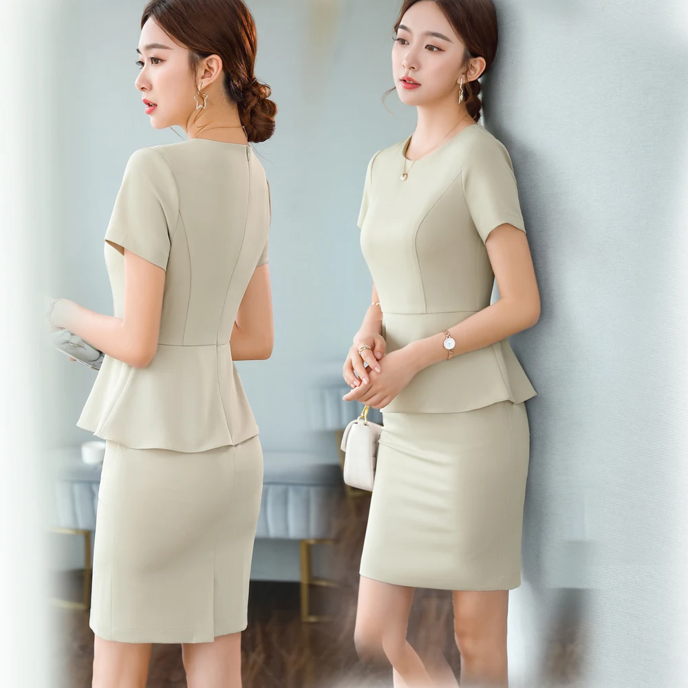 High Quality Summer Korean Short Sleeve Office Pencil Skirt Women\'s  Ruched Splicing Fake Two Piece Female Elegant Beige Dresses