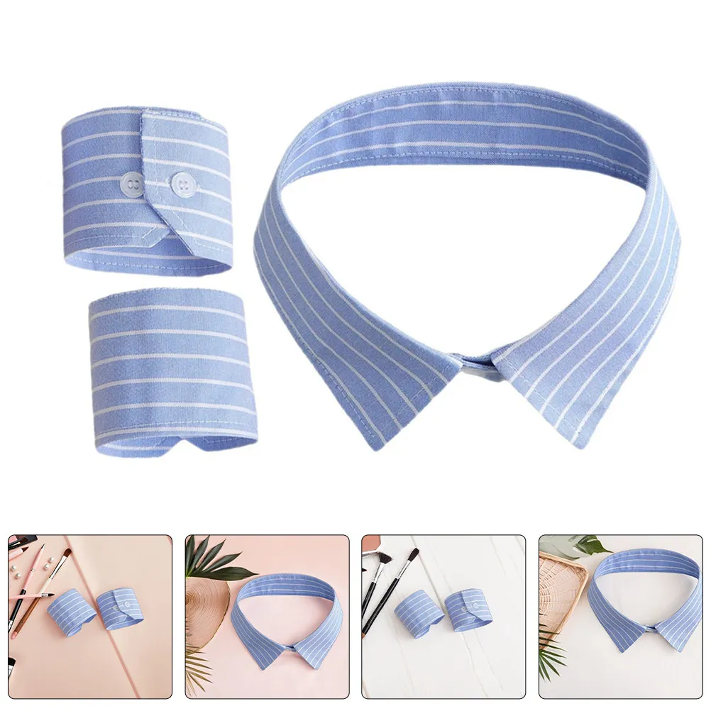 1Set Elegant European Blue Striped Detachable Collar and Cuff Set for Women Polyester Cotton Fake Shirt Dickey Blouse Accessory