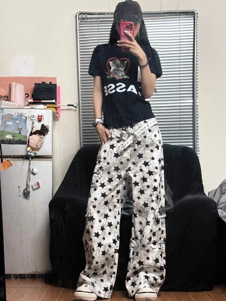 ADAgirl Y2K Vintage Star Print Cargo Pants Women Wide Leg Trousers Oversize Streetwear American Retro Jeans Casual Fashion Pants