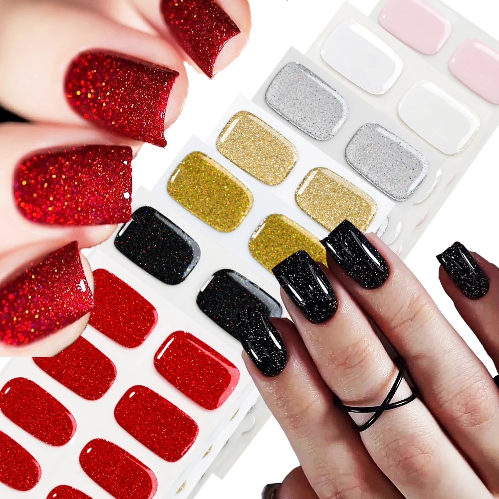 

16Tips Glittery Semi-Cured Gel Nail Stickers UV/LED Lamp Full Cover Adhesive Nail Polish Wraps Long Lasting Portable Nail Decals