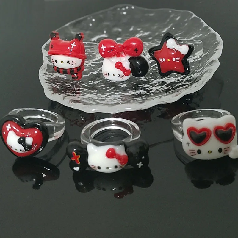 Sanrio Cartoon Character Hello Kitty Rings Resin Transparent Ring Fashion Students Birthday Anime Peripheral Accessories Gift