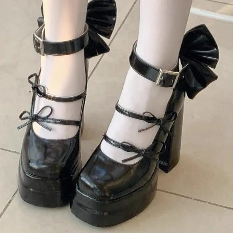 

2026 New Cute Sweet Round Head Mary Jane Shoes Elegant Ladies Waterproof Platform Super High Heels Big Bow Chunky Heels Pumps