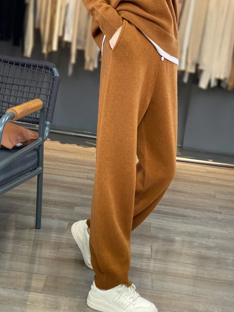Women's matching set 100% Merino wool U-neck sweater casual color blocked knitted pants pocket 2-piece set loose women clothing