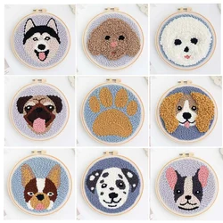 DIY Punch Needle Embroidery Dog Pattern Kit Threader Fabric Embroidery Hoop Yarn Rug Punch Needle Kits for Adults Kids Beginner