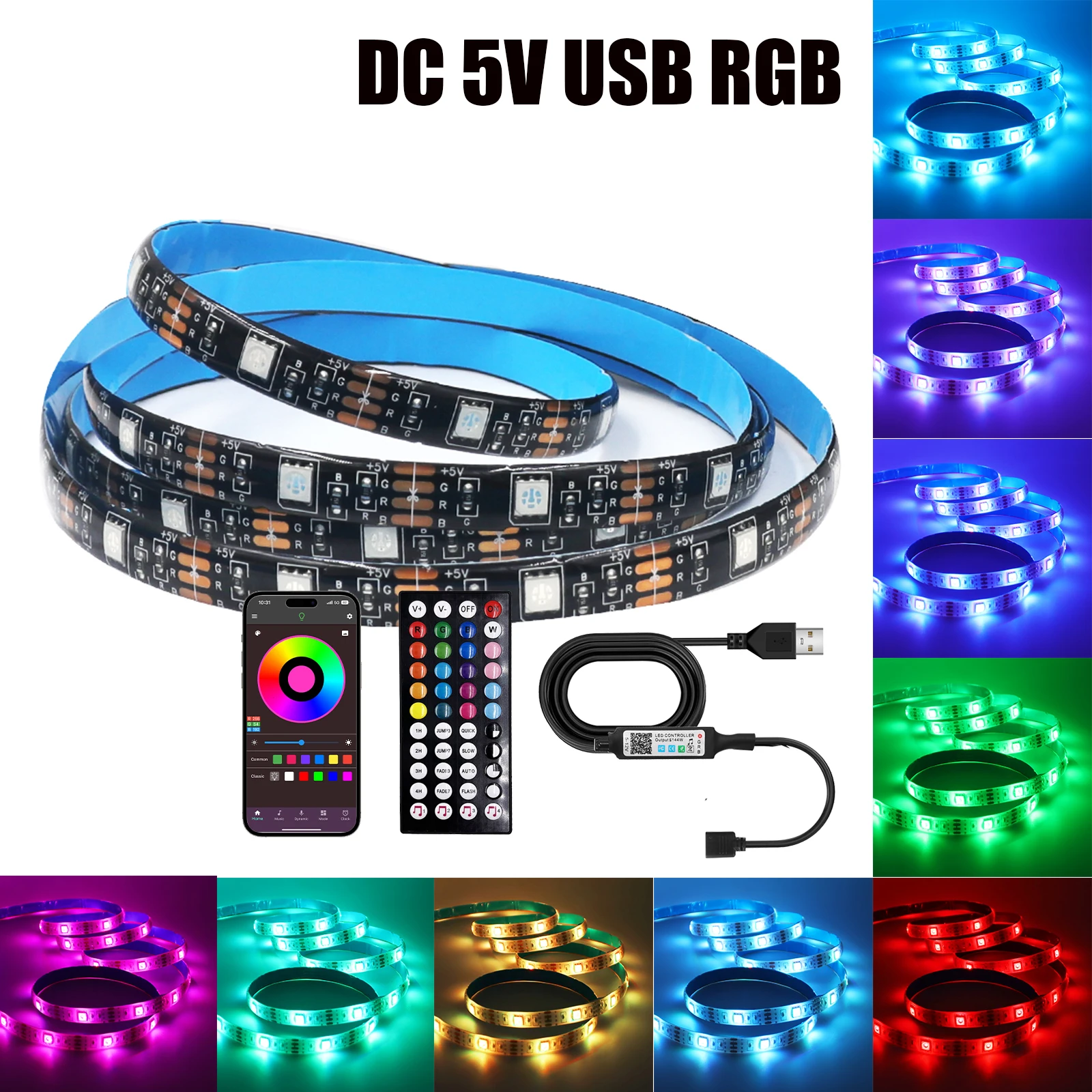 Kit de bande LED RGB USB DC 5V, PCB noir, Bluetooth/3 touches/44 touches, télécommande IR, ruban Flexible, rétro-éclairage TV