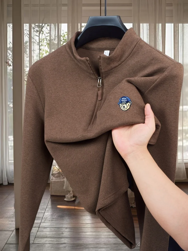 الراقية العلامة التجارية الخريف والشتاء جديد على الوجهين المخملية الدافئة طويلة الأكمام الرجال دمية دب رائعة مطرزة سستة تي شيرت #1