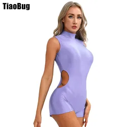 Women Glossy Bodysuit Side Cutout Sleeveless Bodysuit Mock Neck Back Zipper Tight Short Swimsuit for Fitness Exercise Workout