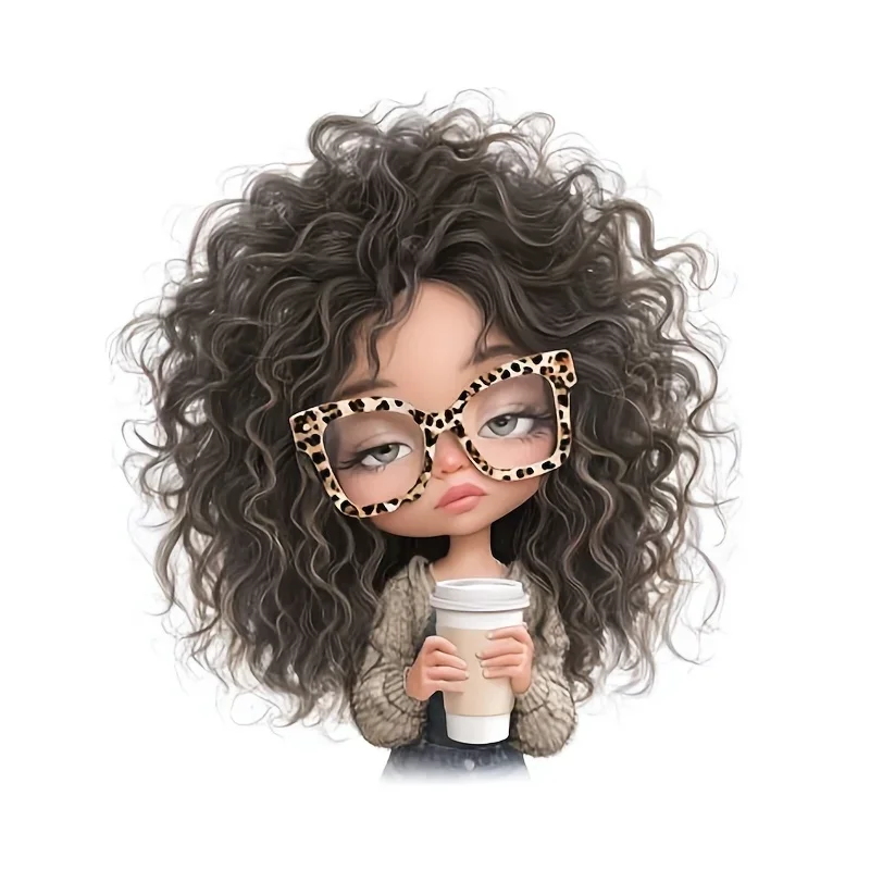 Curly Hair Girl With Coffee Self Adhesive Waterproof Vinyl Sticker Decal For Car Laptop Water Bottle Motorcycle Wall Cup Decor