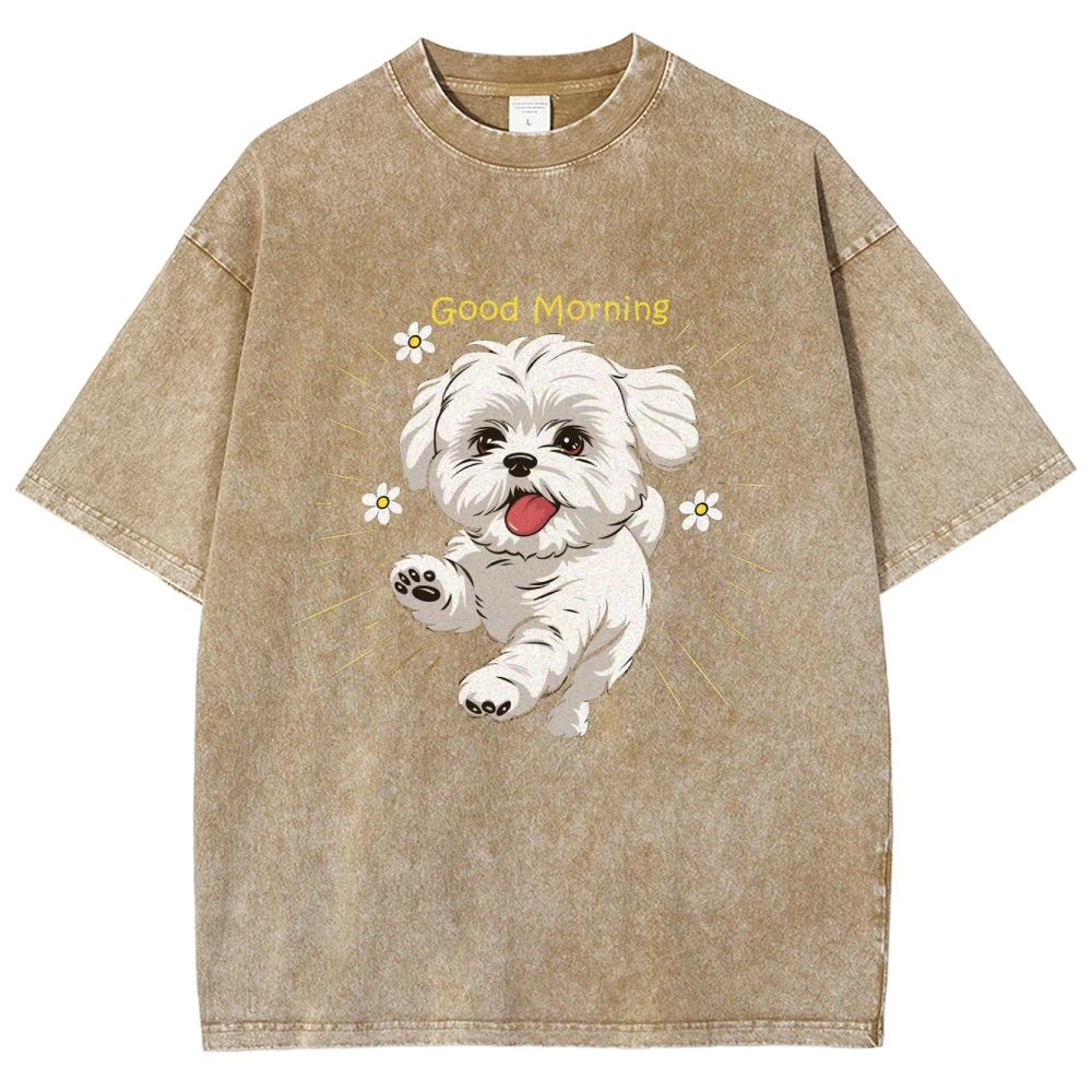 Cartoon Puppy Retro Print y2k Top Funny t shirt 100% Cotton Heavy Duty Washed Short Sleeve T-shirt Fashion Women's Clothes