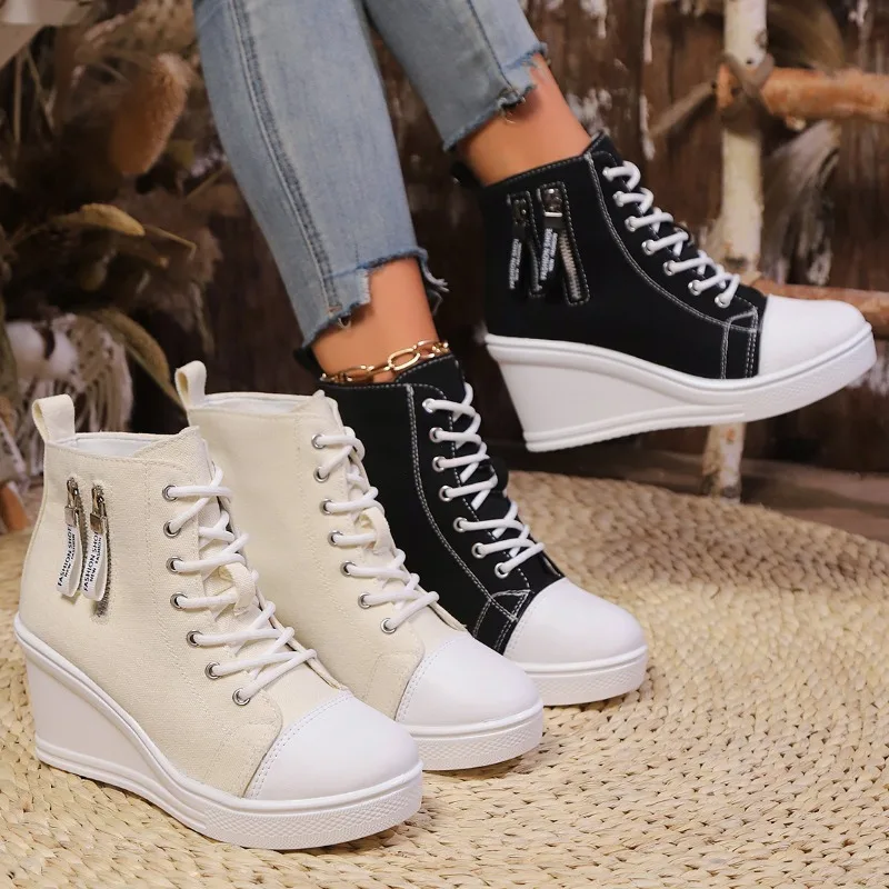 Women Hidden Wedges Invisible Heel Canvas Shoes Female Wedges Zipper Increased Casual High Breathable Platform Sneakers Women