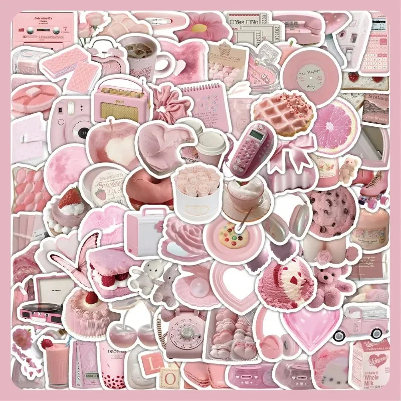 100Pcs Sweetheart Girl Pink Series Stickers Scrapbook Journal DIY Aesthetic Decal Cute Mobile Phone Case Luggage DIY Decoration