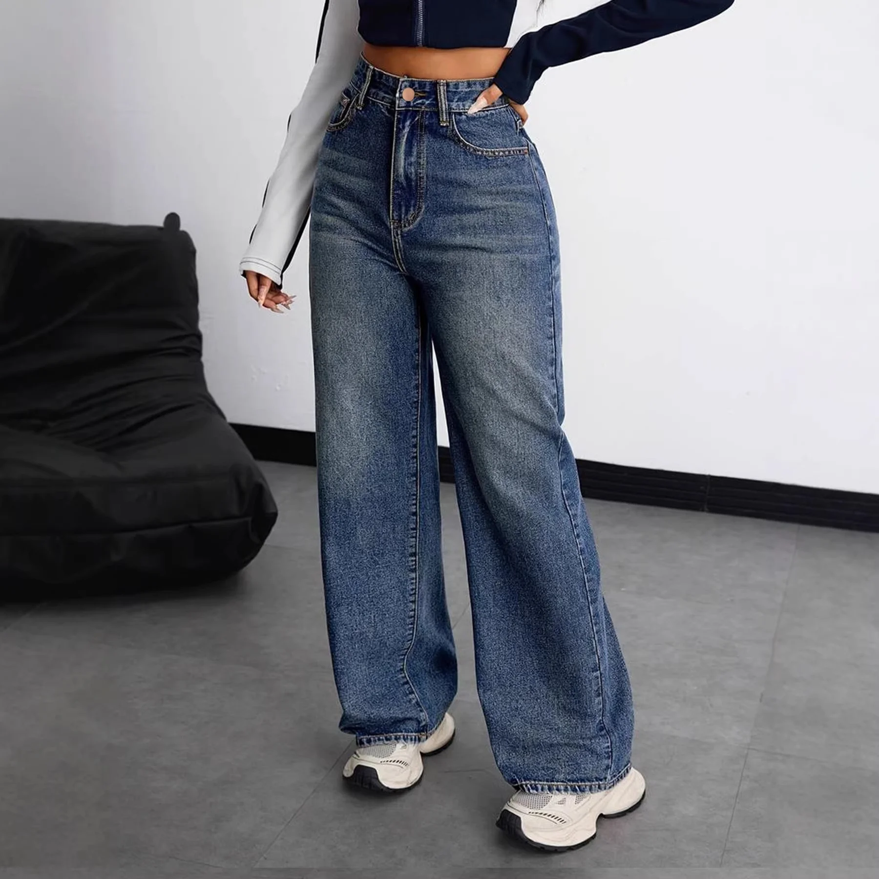 Stylish Wide Leg Women Jeans Retro Blue High Waisted Wide Leg Pants Women's Loose Straight Trousers Vintage Baggy