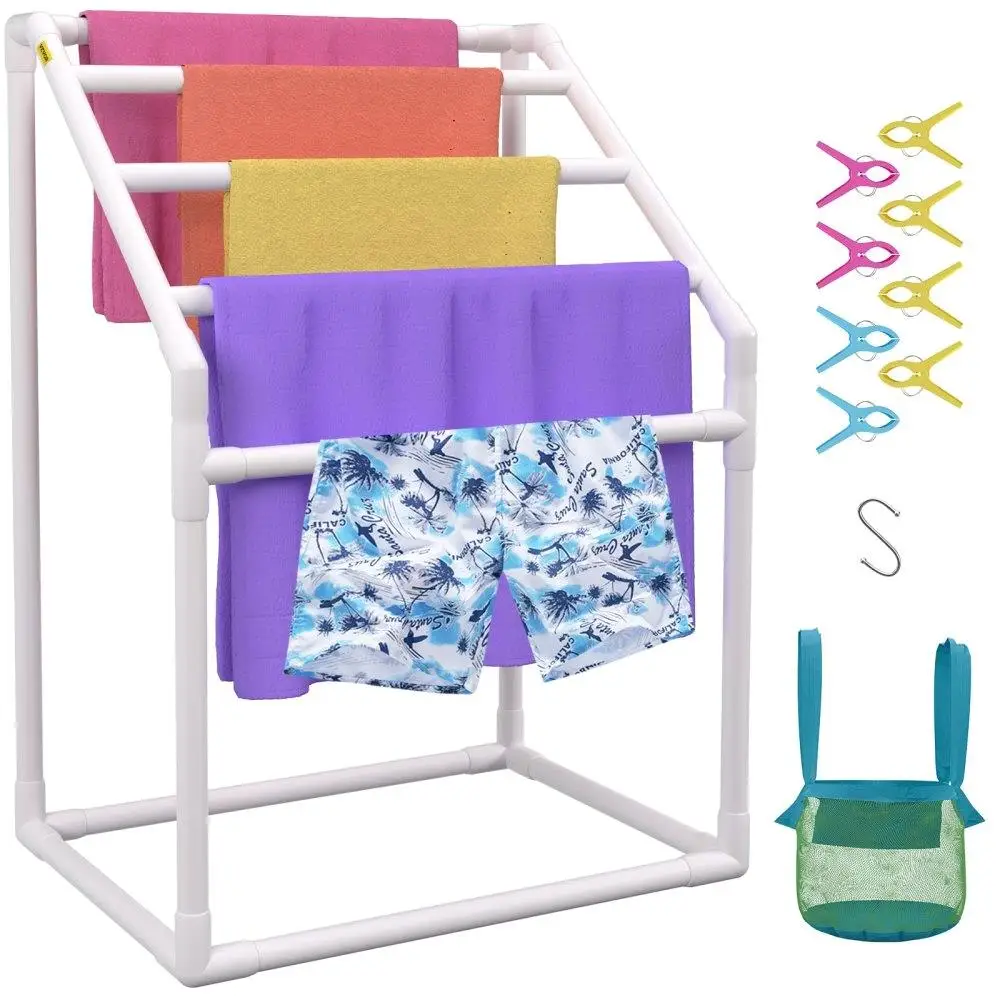 

Pool Towel Rack 5 Bar White Freestanding Outdoor PVC Trapezoidal Poolside Storage Organizer with 8 Towel Clips Mesh Bag Hook
