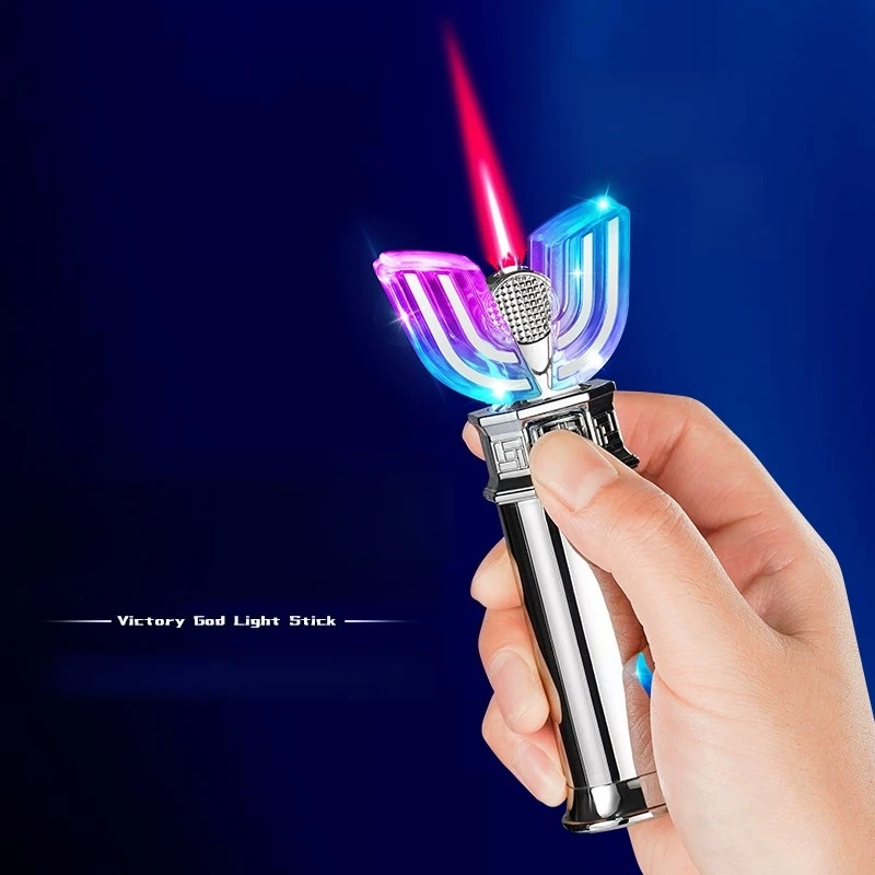 

New Metal Shining Rod Night Light Inflatable Lighter Windproof Jet Flame Color Light Visible Window Lighter Fashionable Gift