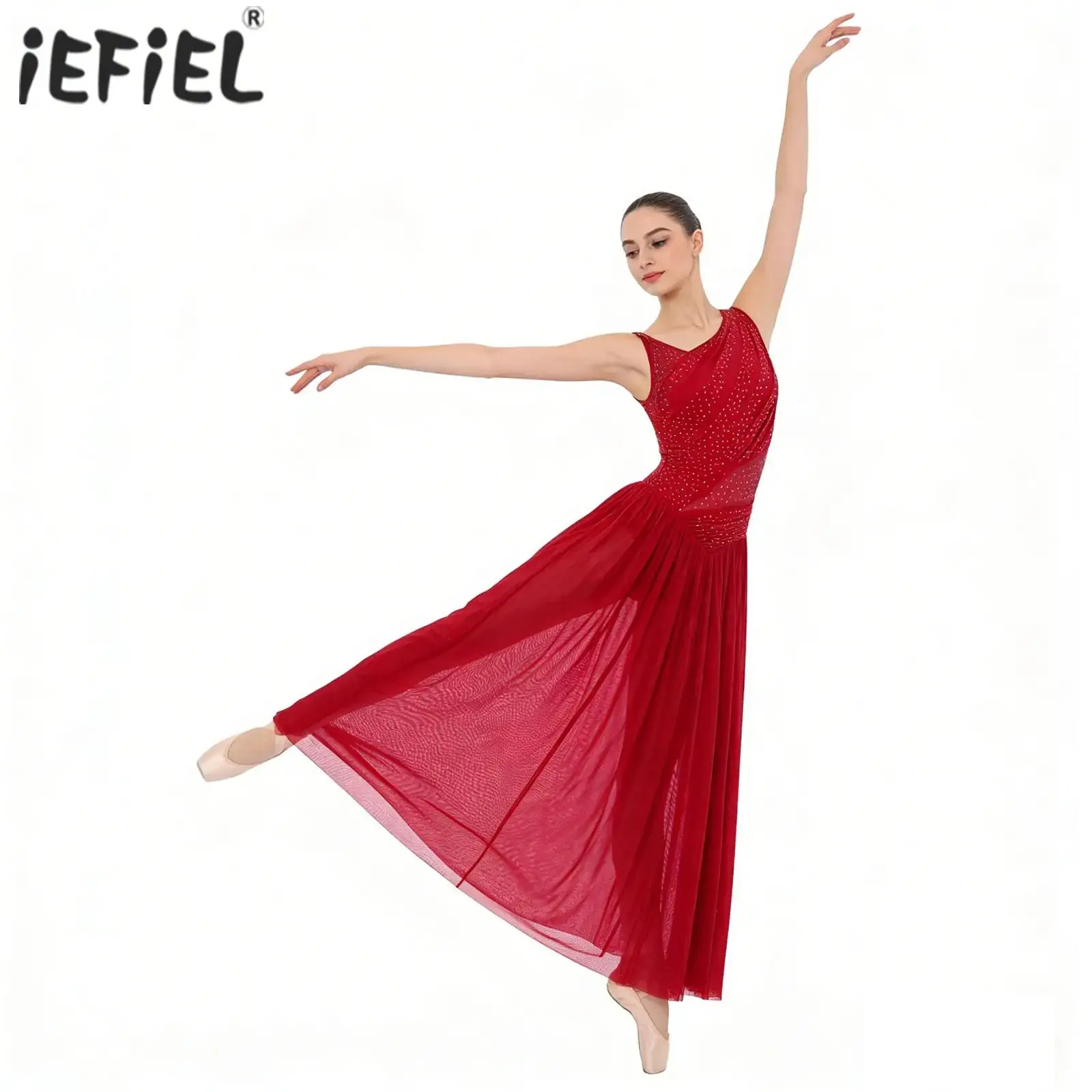 

Womens Adult Ballet Lyrical Modern Contemporary Dance Dress Rhinestones Ruched Backless Slit Mesh Hem Dress Performance Costume
