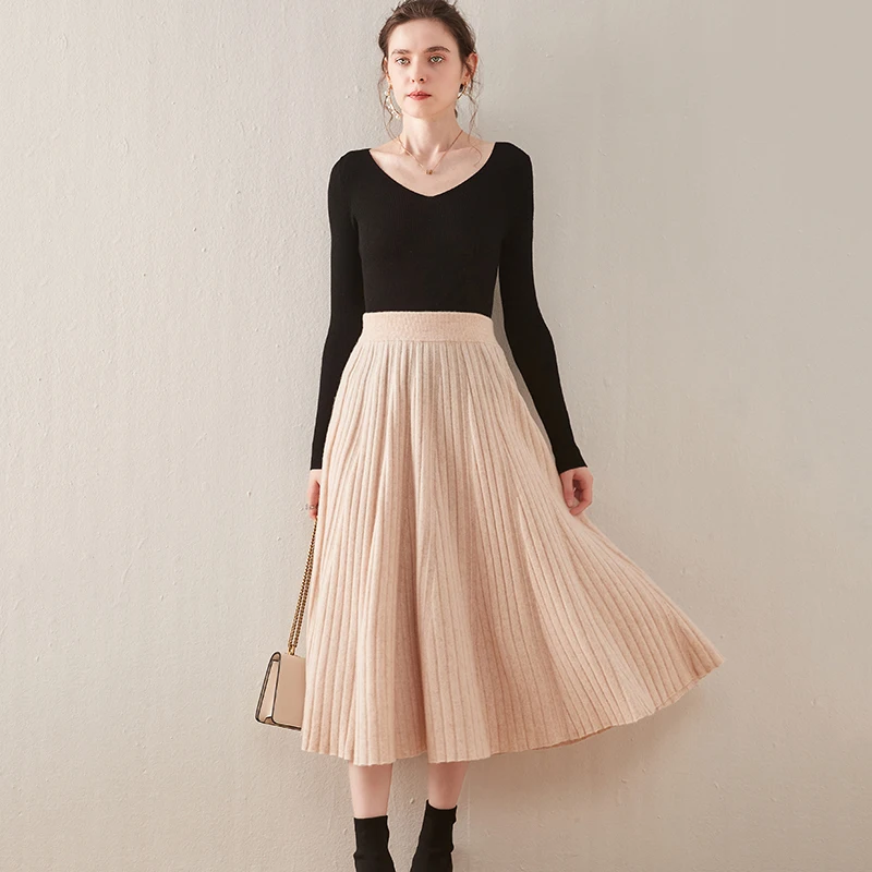 Women's High Waist Pleated Skirt, Korean Elegant College Style, Thick A-line Skirts, Umbrella Skirt for Ladies, Autumn and Winte