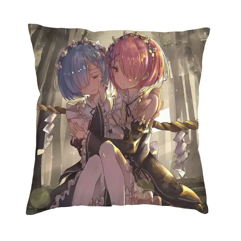 Rem And Ram Cushion Cover 45x45cm Home Decorative 3D Printing Re Zero Anime Animation Throw Pillow Case Living Room Double-sided