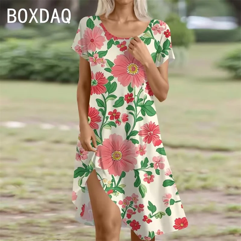 Damen-Sommerkleid, elegantes Retro-Blumenkleid, Sommer, kurzärmelig, Rundhalsausschnitt, lässig, Strand-Partykleid, 2025, Trend, Damen-A-Linien-Kleid