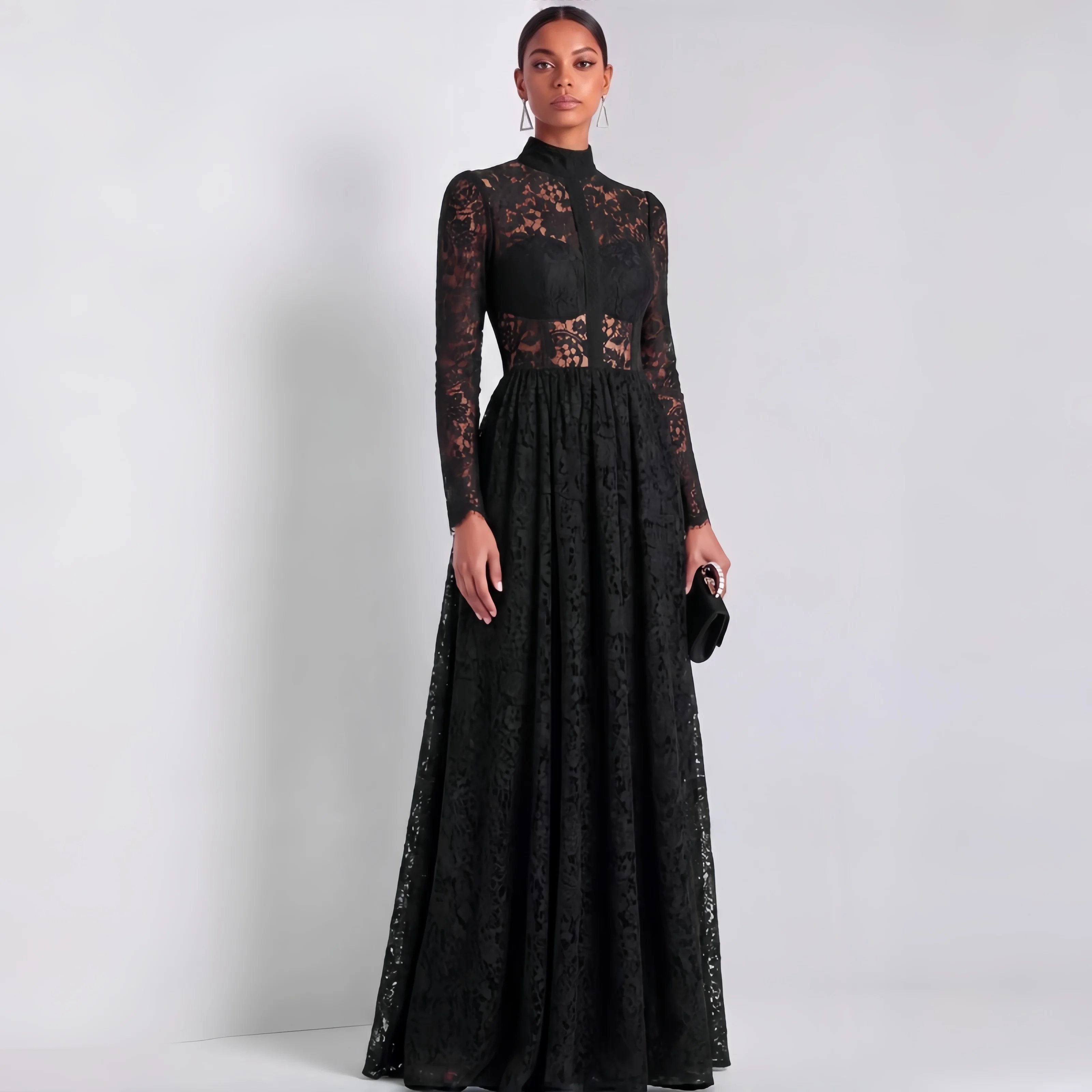 Stand Collar Long Sleeve Full Lace Formal Gown Sheer Hollow High Waist Black Long Skirt Dubai Arabic EID Party Evening Outfit