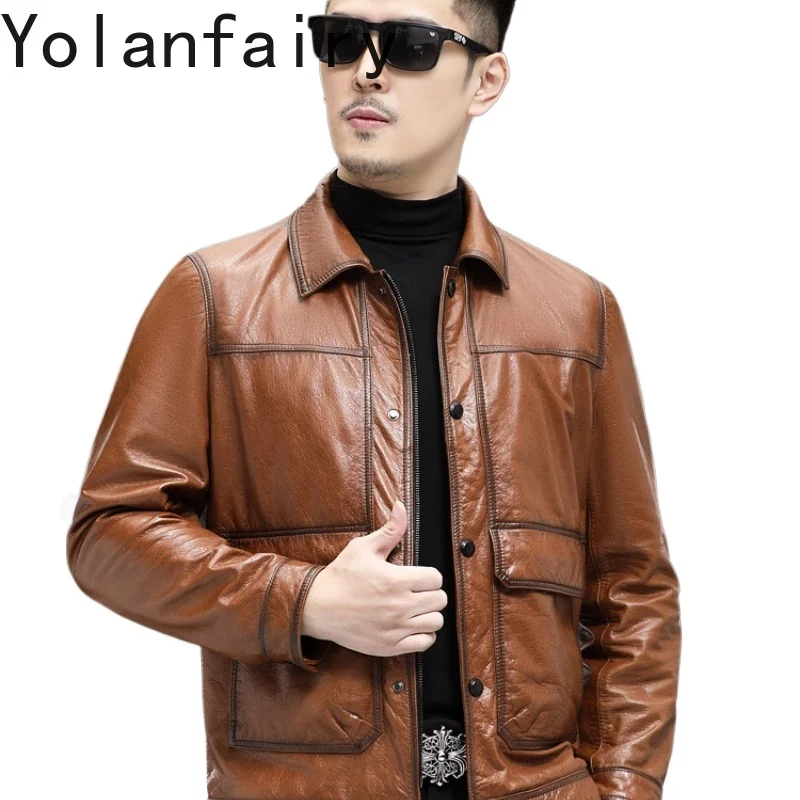 

YOLANFAIRY Cowhide Genuine Leather Mens Jacket Winter Coats 90%white Duck Down Removable Liner Grey Mink Collar Coat Chaquetas