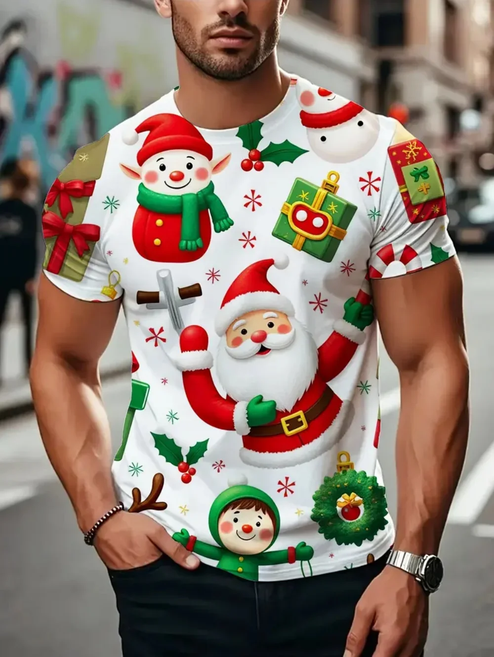 Weihnachts-Weihnachtsmann 3D-Druck T-Shirt für Männer, Lässiges Kurzarm-Shirt, Modisches O-Neck-Oberteil, Neujahrsgeschenk, Übergroßes T-Shirt – Detail 4