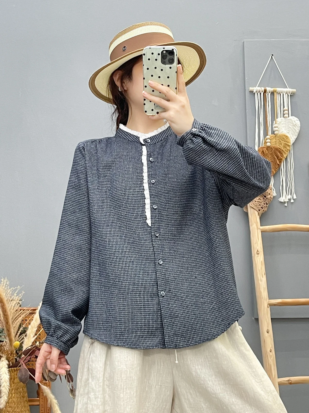 

100% Cotton Women's Check Shirt Japan Style Autumn Stand Collar Lace Patchwork Blouses Women's Plaid Shirt