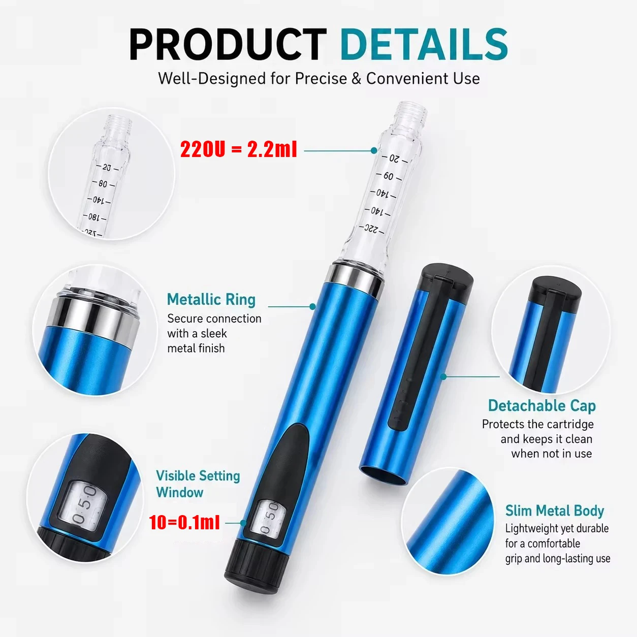 V3 Wiederverwendbarer Peptid-Pen Metall-Injektionspen Einstellbare Dosis 3ml Kartusche Subkutan-Injektor Medizinische Ästhetik Langlebig – Detail 2