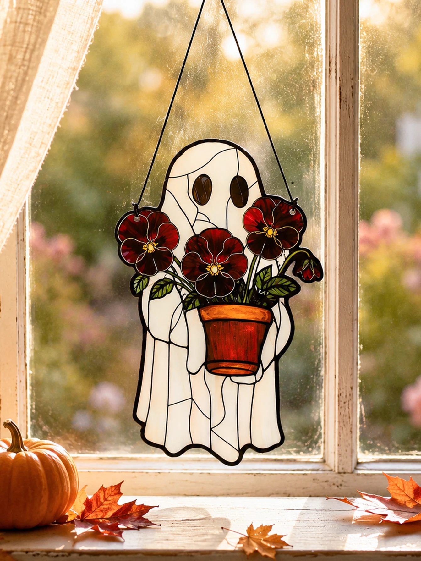 Halloween Ghost Holding Flower Pot Acrylic Suncatcher Window Hanging Gothic Spooky Home Indoor Autumn Fall Wall Decor Pendant view 5